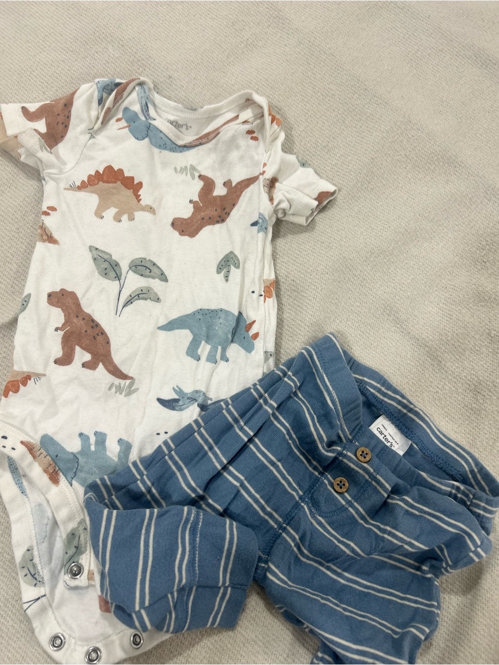 Carter's White Dino Print Onesie with Blue Striped Pants